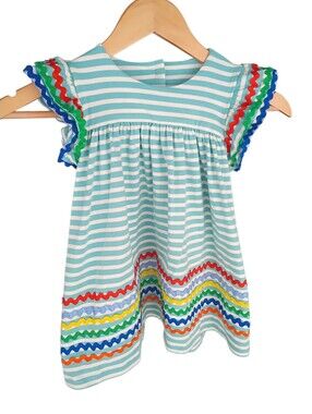 Banana Split Kids Teal Striped Ric Rac Flutter Sleeve Dress Size 2T